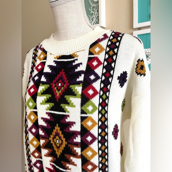Vintage 80s Beldochpopper Crewneck Cream Aztec oversized grandpa Sweater Size M - Picture 9 of 13